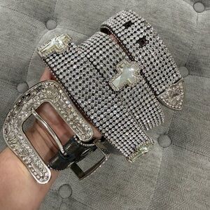 NOCONA Leather Glitz Elegant Silver Rhinestone Belt Crosses Glam Cowgirl Western